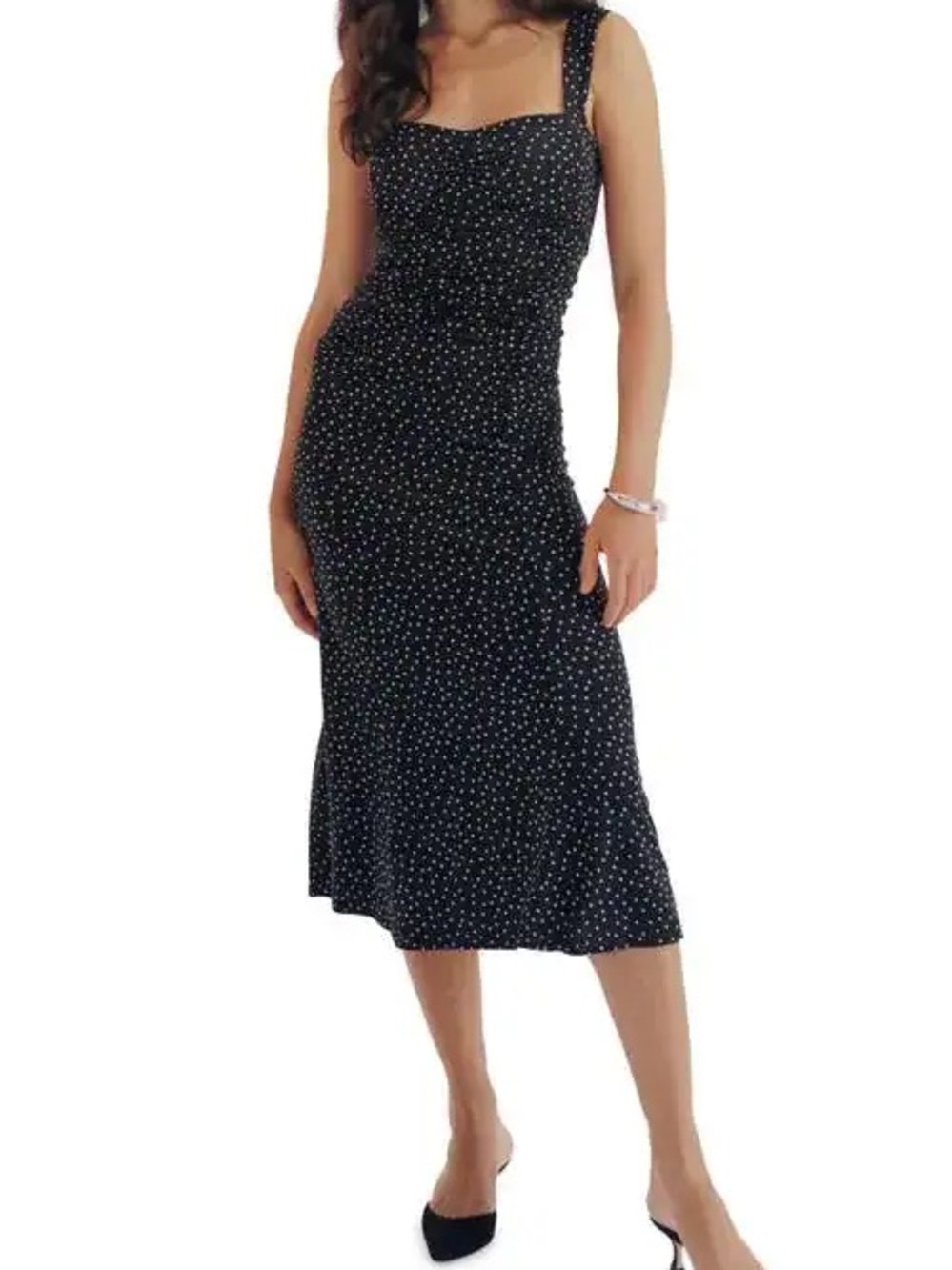 REFORMATION Suvi Knit Midi Dress wedding guest Black White Polka Dots Ruched  S